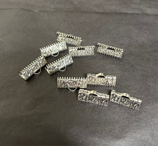 CORD END CRIMP RIBBON ANTIQUE SILVER TEXTURED 11X5MM 10 PC