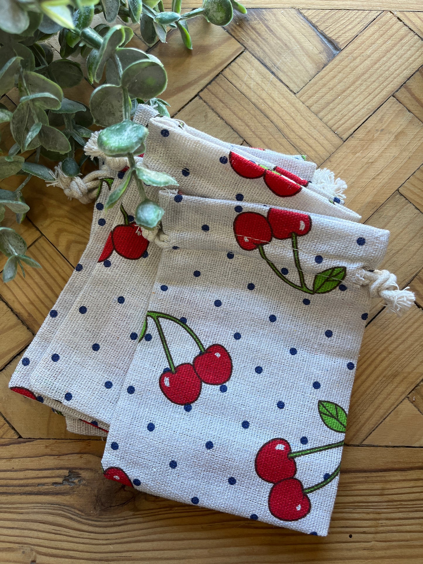 BURLAP BAG 10X14 CHERRIES 5 PC