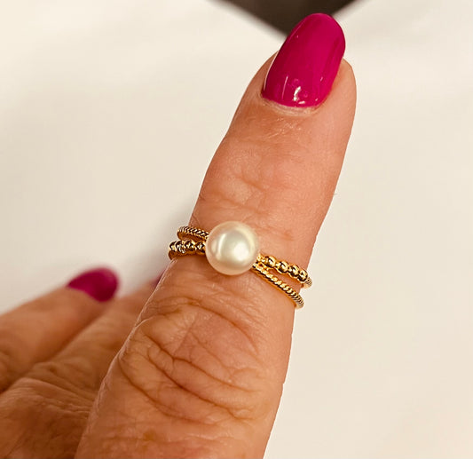 RING TWIST ROPE WIRE WITH PEARL 18KT GOLD PLATE 5 3/4 SIZE 1 PC