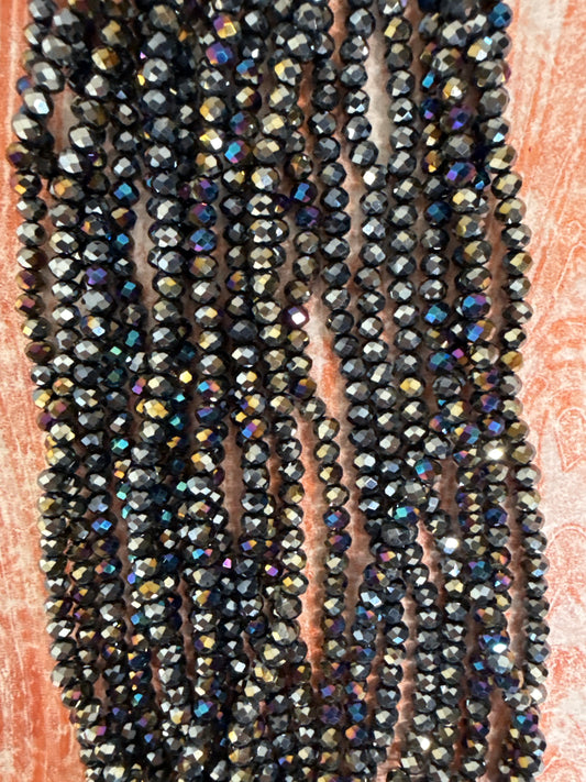 GLASS RONDELLE 6MM BLACK OPAQUE AB 1 STRAND