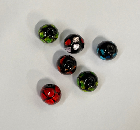 LAMPWORK ROUND BEAD 12MM BLACK MULTI 5 PC
