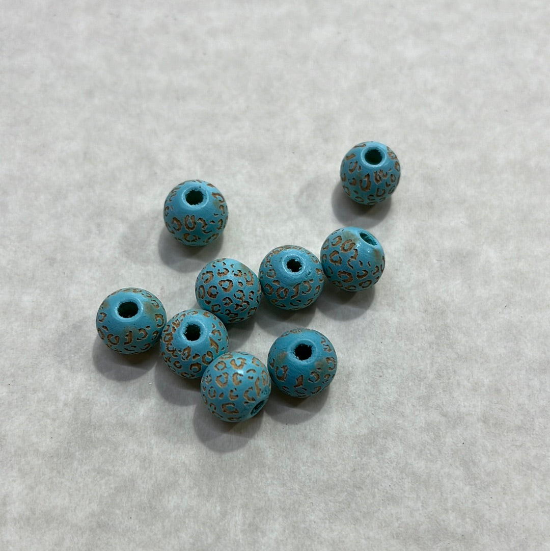 WOOD BEAD 10MM ENGRAVED LEOPARD PRINT CYAN HOLE 2.5MM 10 PC