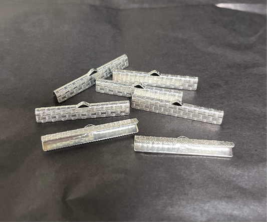 CORD END CRIMP RIBBON 35 MM SILVER PLATE TEXTURED 12 pc