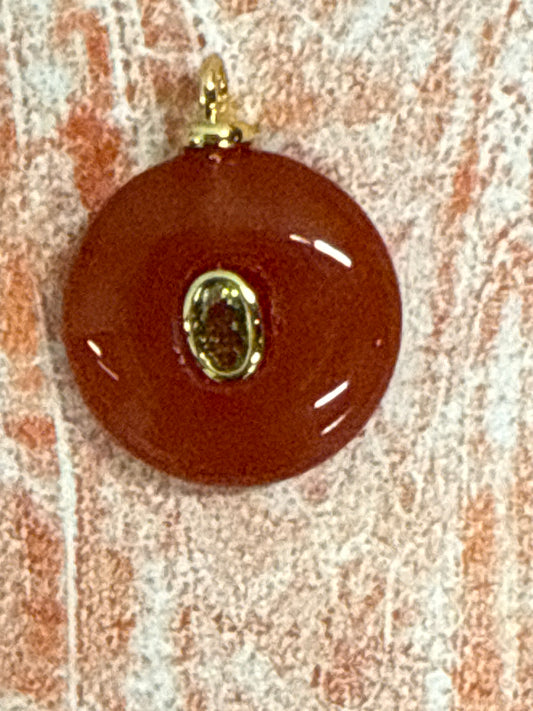 PENDANT JADE FLAT ROUND RED WITH CUBIC ZIRCONIA