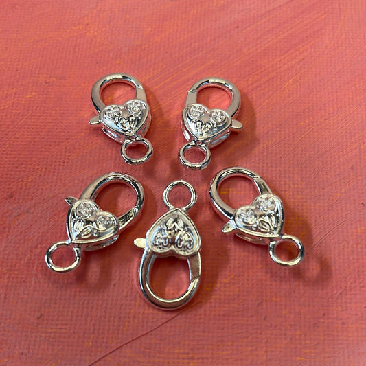 LOBSTER CLASP 26x13 mm ENGRAVED HEART SILVER PLATED 5 PC
