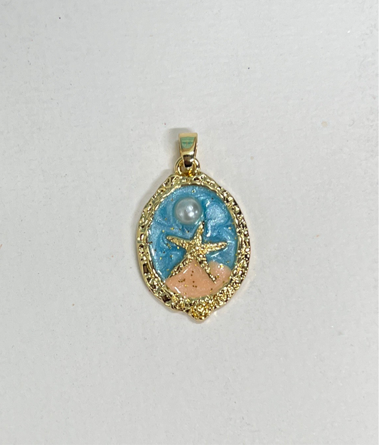 PENDANT STARFISH,PEARL AQUA ENAMEL MATTE 18KT