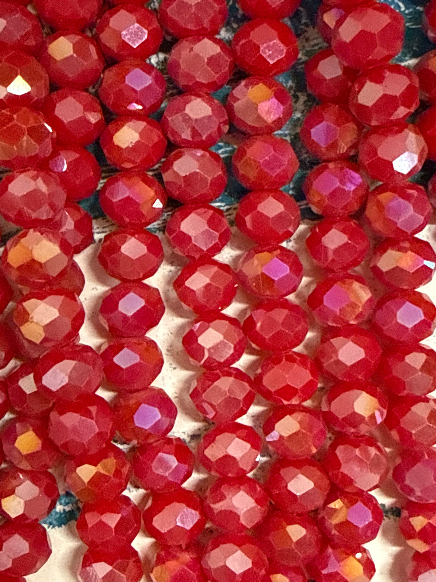 GLASS RONDELLE 8MM CRIMSON OPAQUE AB 1 STRAND