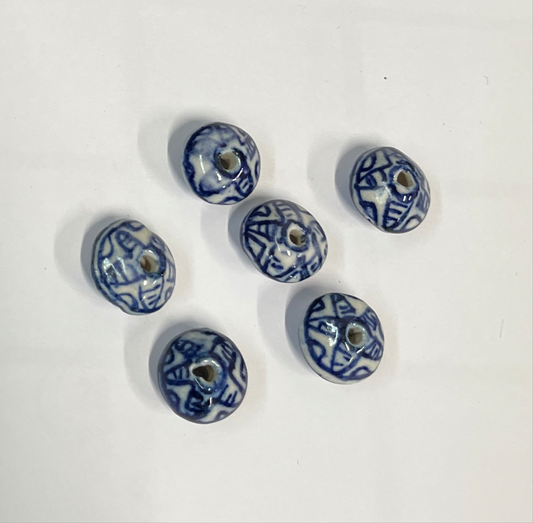 PORCELAIN BLUE AND WHITE BEADS 12X9MM ABACUS 4 PCS