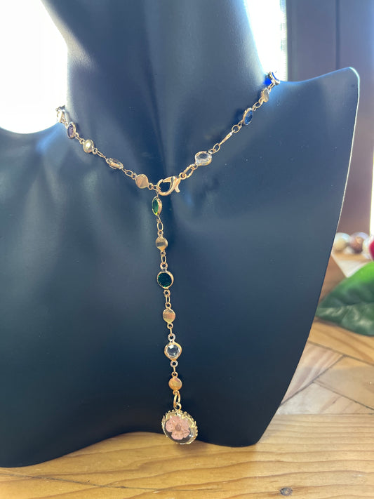 NECKLACE Y-CHAIN PINK FLOWER WITH ZIRCONIAS CHAIN.