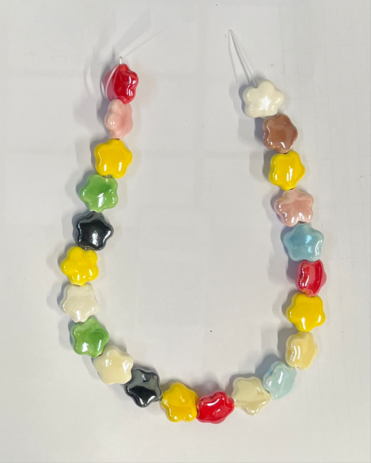 PORCELAIN BEAD FLOWER MIXED COLORS 14X15MM 1 STRAND