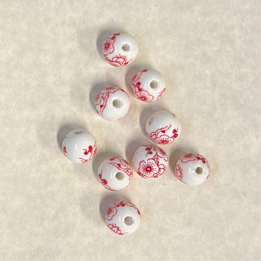 PORCELAIN BEAD ROUND 12 MM RED-WHITE HOLE 2 MM 10 PC