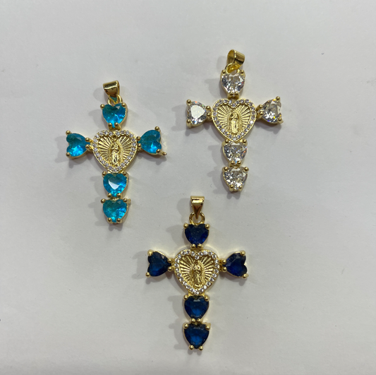 CROSS WITH VIRGIN MARY GLASS HEARTS MULTI COLOR 35X26MM 1 PC