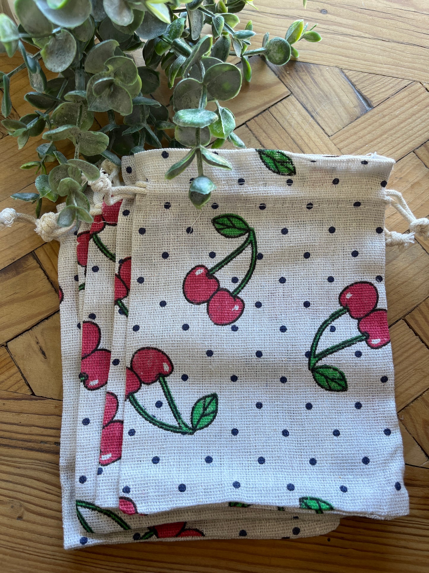 BURLAP BAG 13X18 CHERRIES 5 PC