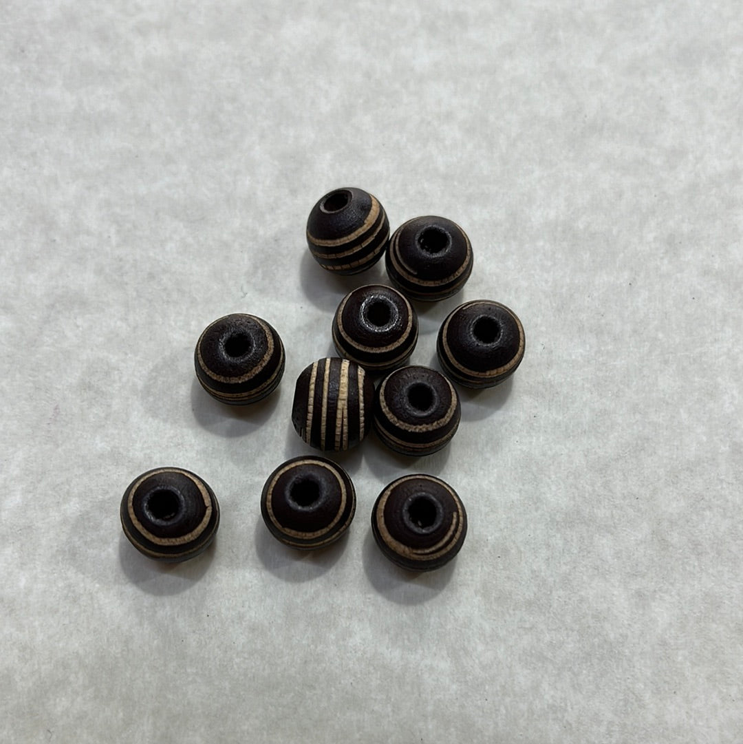 WOOD BEAD ENGRAVED ZEBRA PATTERN 10MM HOLE 2.5MM 10 PC