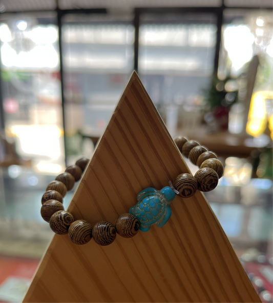 STRETCH BRACELET WOOD AND TURQUIOSE TURTLE 1 PC