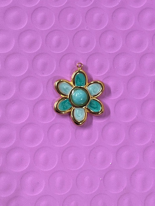 JADE FLOWER PENDANT STAINLESS STEEL GOLD PLATED 18K BLUE ENAMEL 1PC