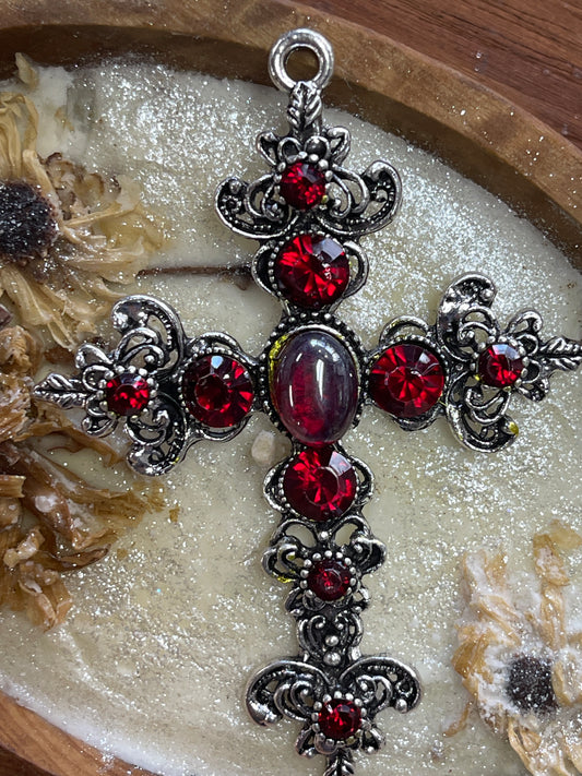 Cross antique silver red rhinestones 1 pc
