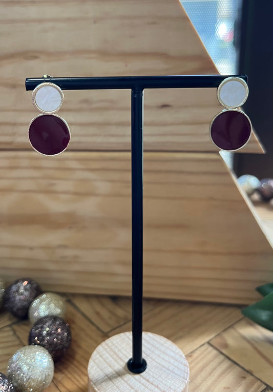 DROP EARRINGS WHITE MOTHER OF PEARL AND RED ENAMEL CIRCLES 1 PAIR