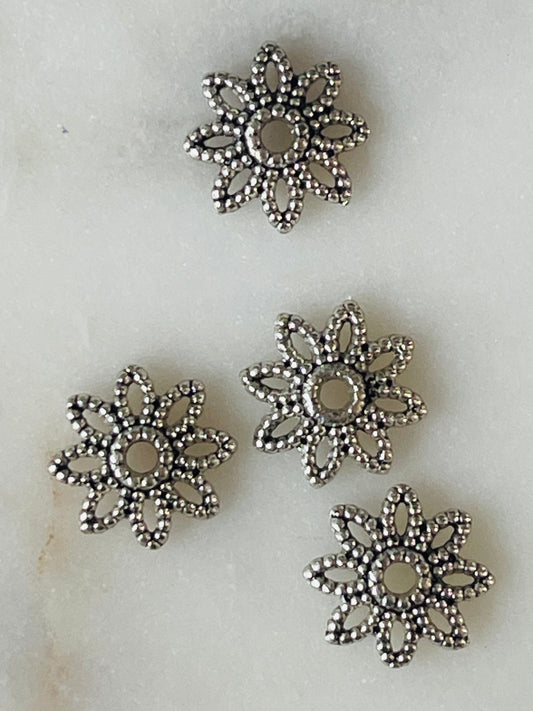 BEAD CAP DAISY ANTIQUE SILVER PEWTER 8MM 4 PC