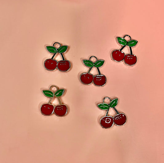 CHARM CHERRIES RED PLUS LIME GREEN 18X16MM SILVER PLATE 5 PC