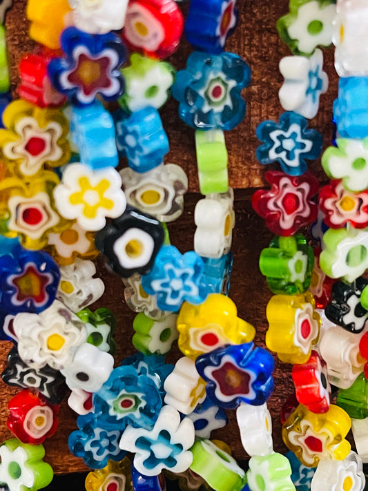 MILLEFIOR GLASS FLOWER MIXED COLORS 8MM ABOUT 50 PCS PER 1 STRAND