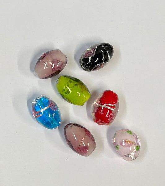 LAMPWORK GLASS BEAD RICE MIXED COLORS 16X11 MM 2 PC