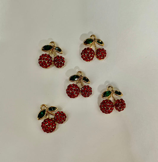 CHARM CHERRIES RED & GREEN RHINESTONES 16X16MM GOLD PLATE 5PC