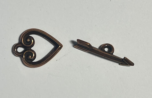 Toggle clasp copper heart and arrow 1 set