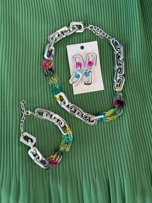 NECKLACE SET ACRYLIC MULTI COLOR AND SILVER CABLE CHAIN 1 SET