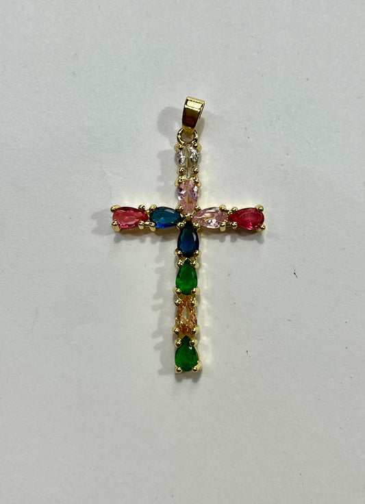 CROSS PENDANT 34X21MM GP 18KT CZ MIX COLORS 1 PC