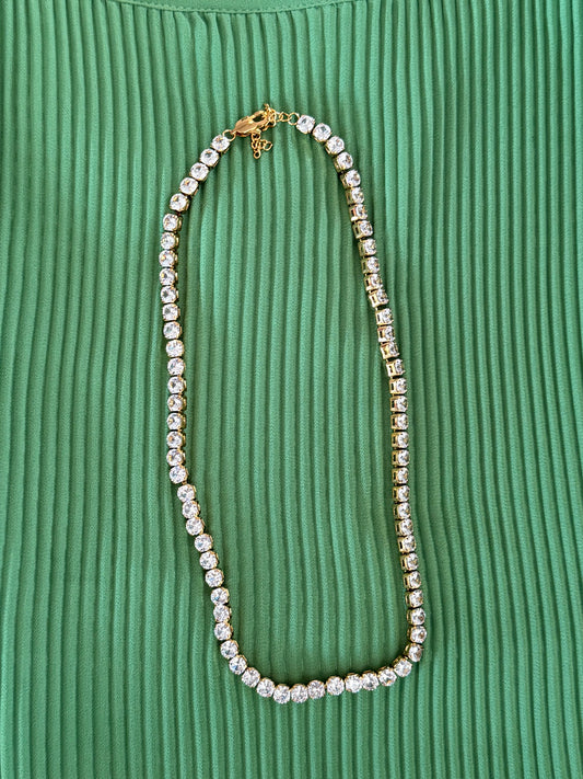 TENNIS NECKLACE WITH CUBIC ZIRCONIA STAINLESS STEEL GOLD PLATE 16.9 INCHES