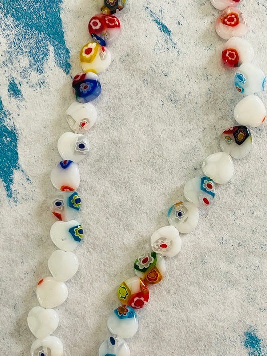 Millefiori glass heart white color mix 10x10mm 1 strand