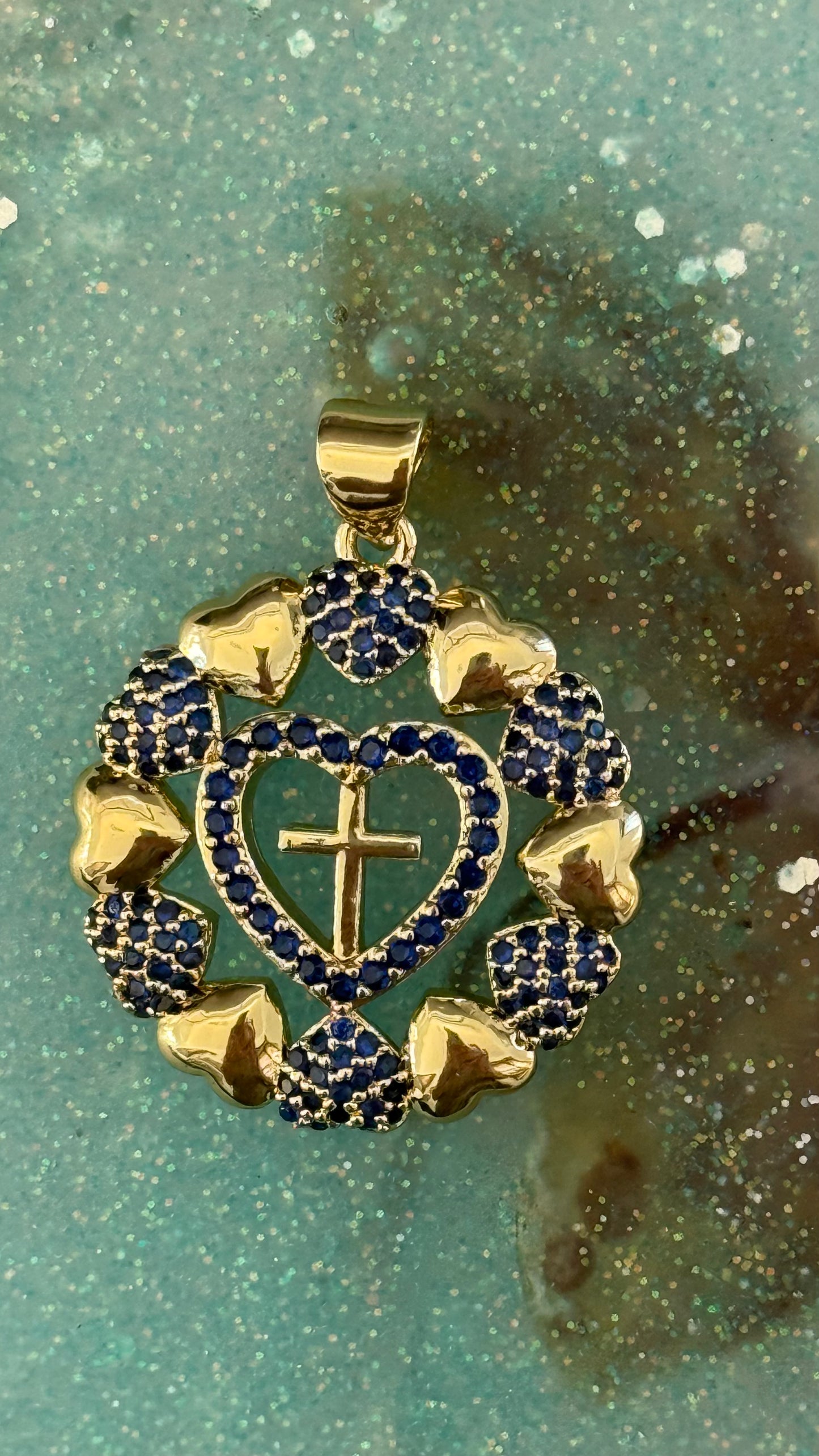 PENDANT SACRED HEART GOLD PLATED 14KT ROYSL BLUE ZIRCONIA 1 PC