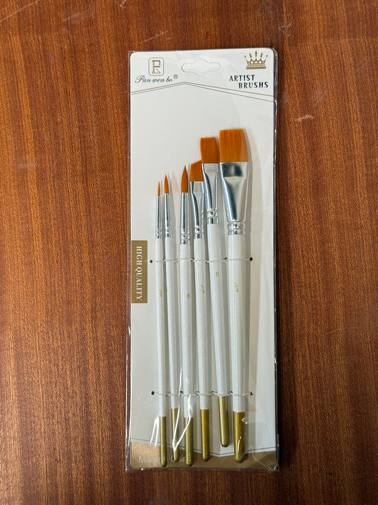 BRUSH SET 6 PC 3 ROUNDS , 3 FLATS WHITE HANDLE 1 SET