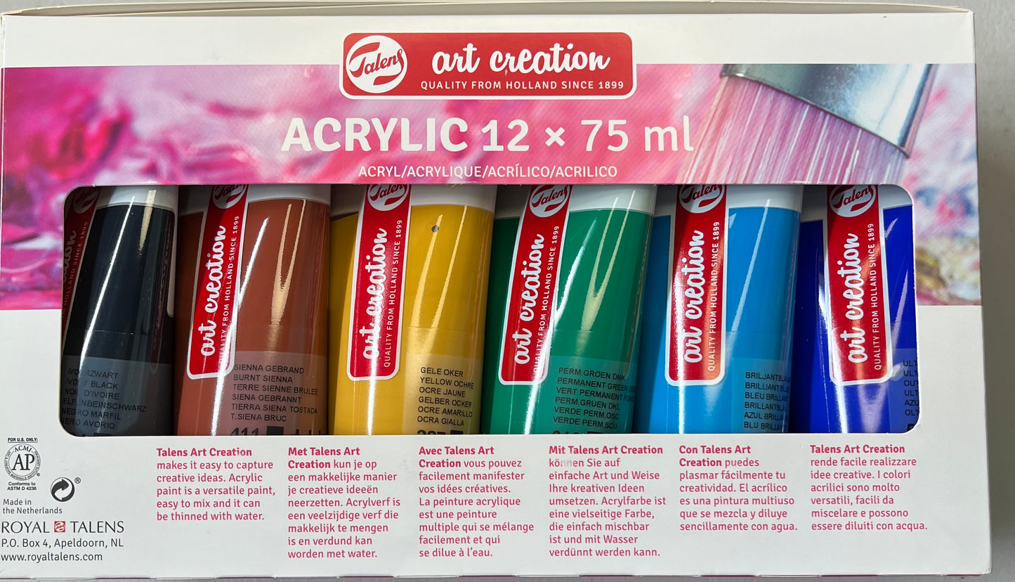 ACRYLICS SET 75 ML 12 COLORS ART CREATIONS