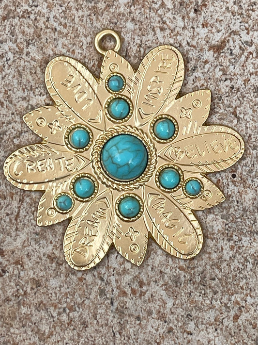 PENDANT ROUND MEDALLION MATTE GOLD WITH TURQUOISE 65MM 1 PC
