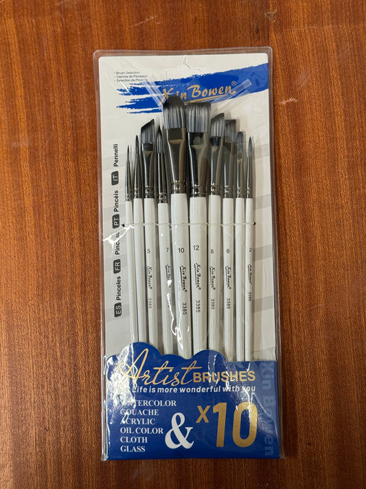 BRUSH SET 10 PC WHITE HANDLE NYLON BLACK BRISTLES