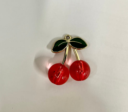 CHARM CHERRIES RED GLASS LIGHT GOLD 26X12MM 1 PC