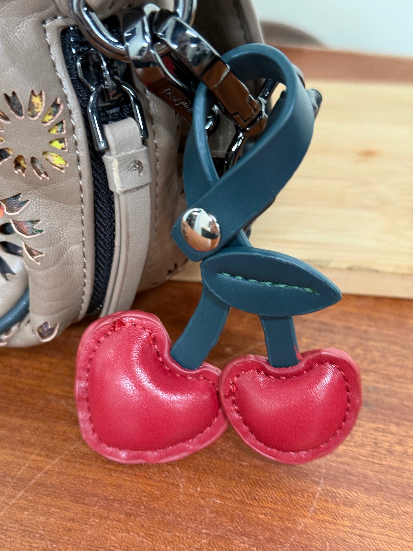 BAG CHARM LEATHER CHERRIES RED WINE