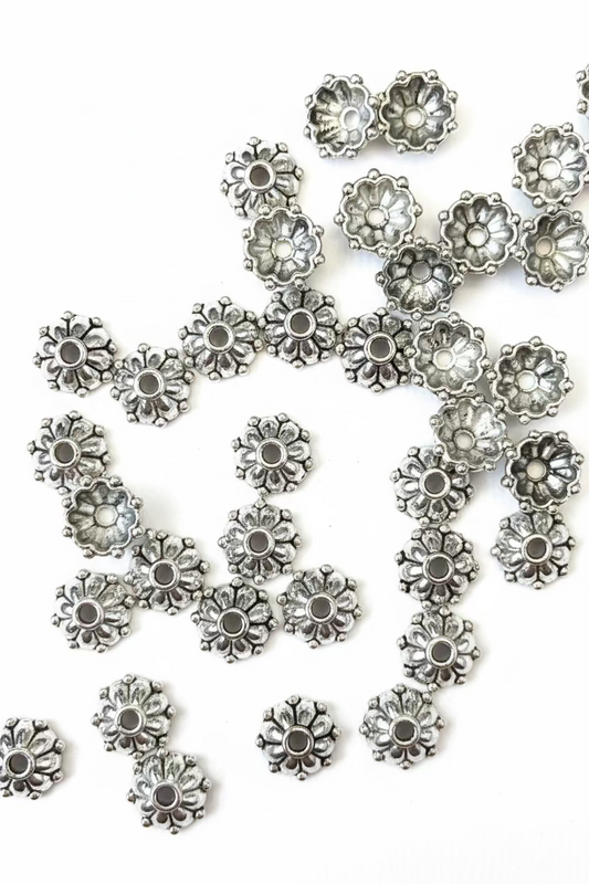 BEAD CAP 8MM FLOWER ANTIQUE SILVER OR GOLD 50 PC
