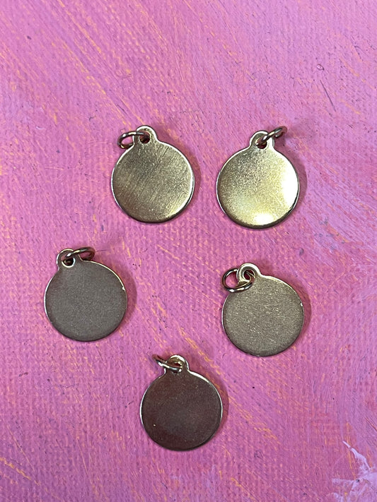 CHARM BLANK TAG 14X12MM ROUND FLAT GOLD PLATE 5 PC