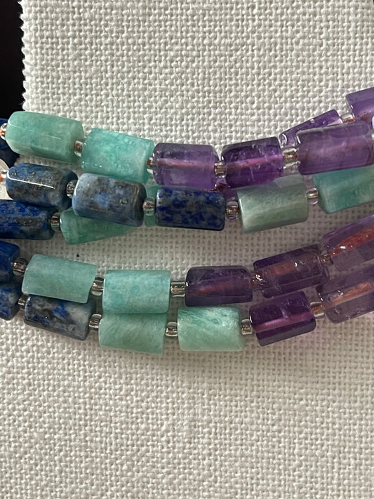 GEMSTONE MIX COLUMN WITH SEED BEADS 8-12MM 1 STRAND