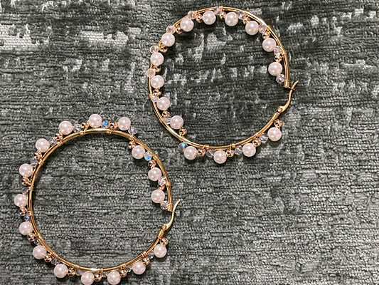 HOOP EARRING PEARL BEADED STAINLESS STEEL GOLD 1 PAIR