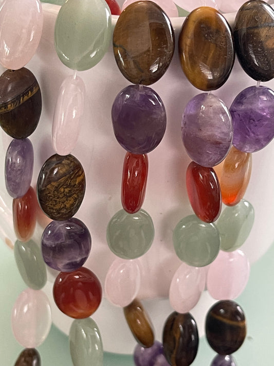 FLAT OVAL MIXED GEMSTONES 18X13MM PER 1 STRAND