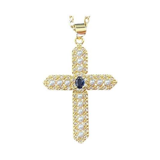 CROSS WITH PEARLS AND CUBIC ZIRCONIA 24X35MM GOLD PLATE 18KT 1 PC