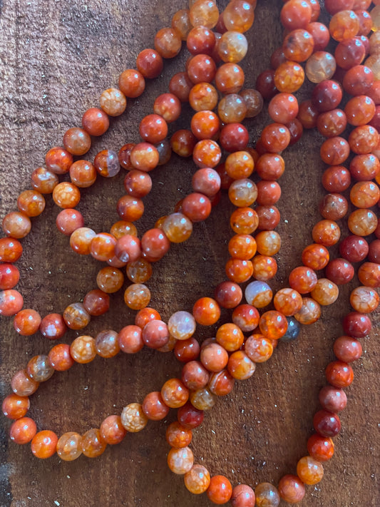 AGATA 8MM ROUND Orange RED ABOUT 40 PCS PER 1 STRAND
