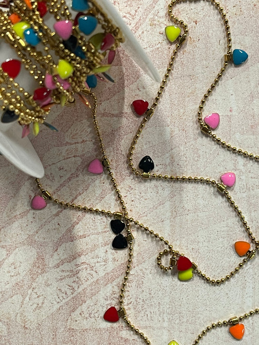 Chain ball stainless steel gold plate hearts multi enamel per foot.