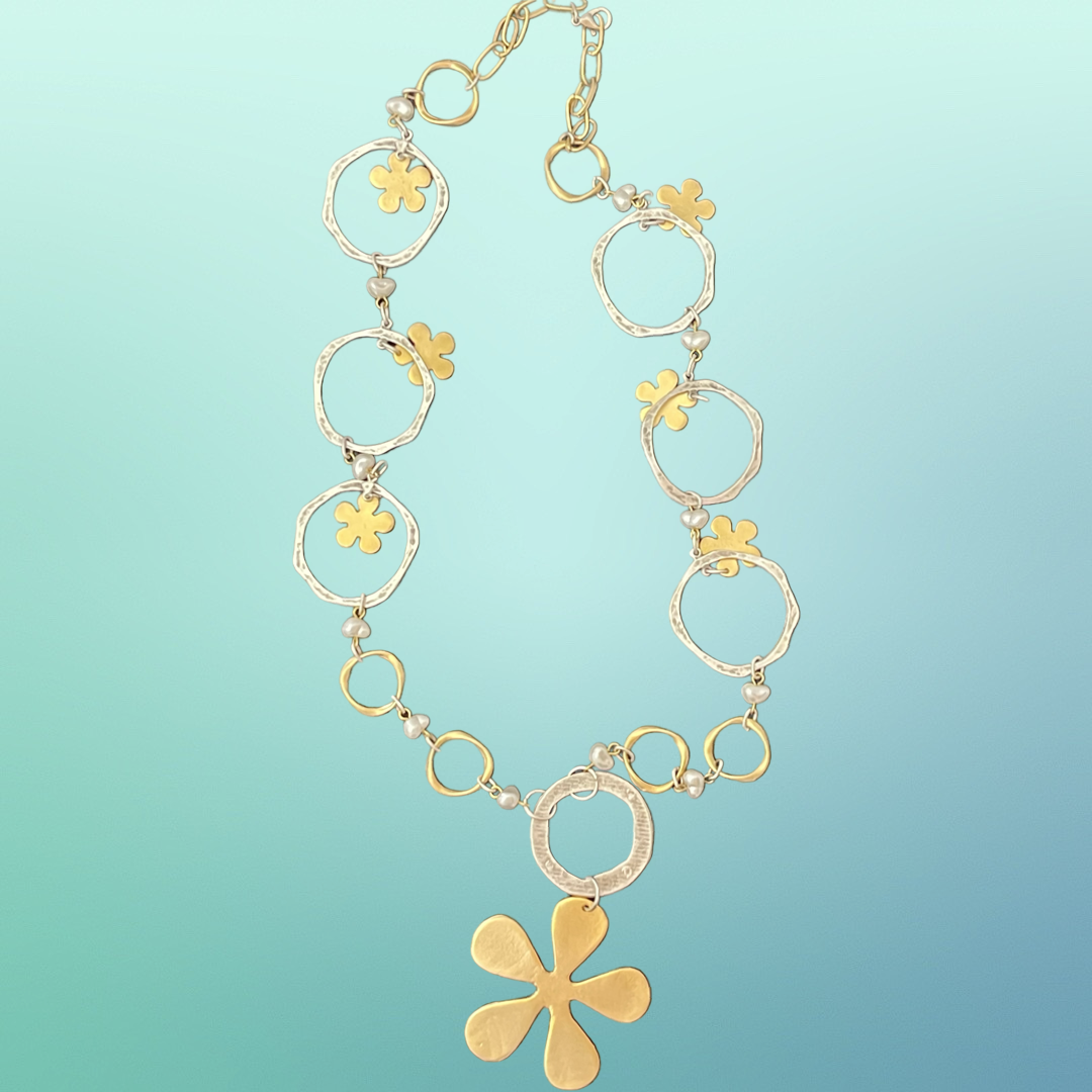 NECKLACE MATTE SILVER AND GOLD BIG FLOWER