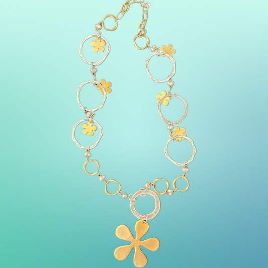 NECKLACE MATTE SILVER AND GOLD BIG FLOWER