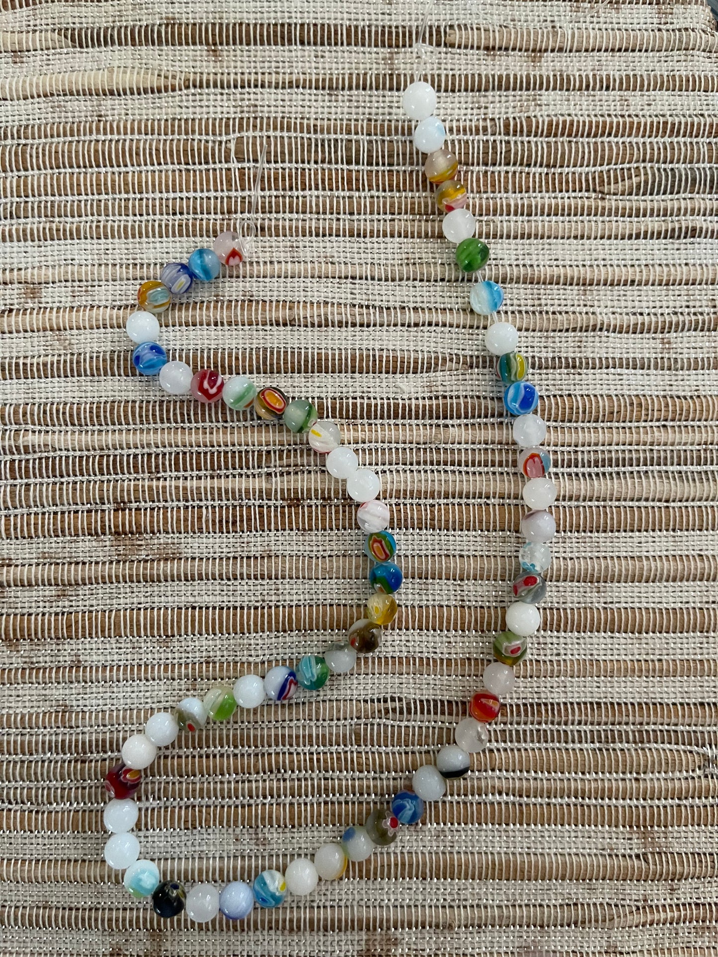 MILLEFIORI GLASS 6MM ROUND WHITE COLOR MIX 1 STRAND